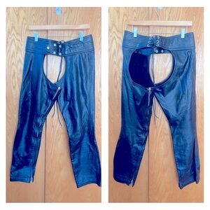 Vintage black leather unisex chaps with snap belt and adjustable lacing